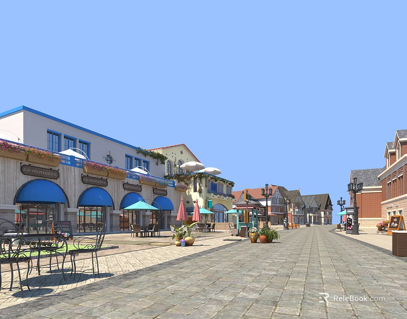Charming Commercial Street With Stone Pavement Blue Awnings Outdoor Tables Chairs And Street Lamps 3d model 