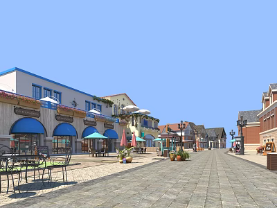 Charming Commercial Street With Stone Pavement Blue Awnings Outdoor Tables Chairs And Street Lamps 3d model
