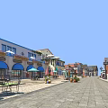 Charming Commercial Street With Stone Pavement Blue Awnings Outdoor Tables Chairs And Street Lamps