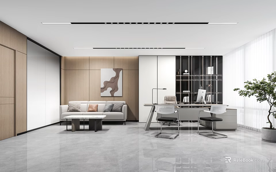 Modern Office Interior Design With Open Layout Sofa Desk Bookshelf And Plants 3d model