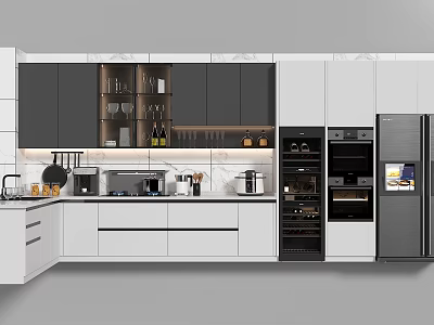 Modern Kitchen With White And Dark Gray Cabinets Marble Countertop Cookware And Appliances 3d model