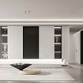 Modern Open Dining and Living Room Interior With Minimalist Marble Countertop And Grey Floor
