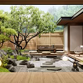 Japanese Style Garden Courtyard With Stepping Stones Lanterns Bamboo Screen And Wicker Chairs