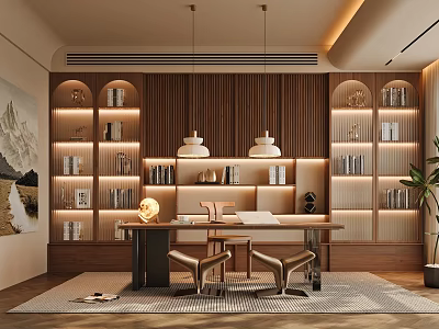 Study Room With Wooden Illuminated Bookshelves Leather Chairs Two Pendant Lights And Potted Plant 3d model