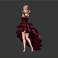 Child with pink hair wearing red layered dress red gloves and red shoes princess style