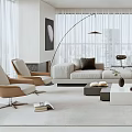 Modern White Living Room Interior With Floor-to-Ceiling Windows Sofa Armchairs And Coffee Table Rug