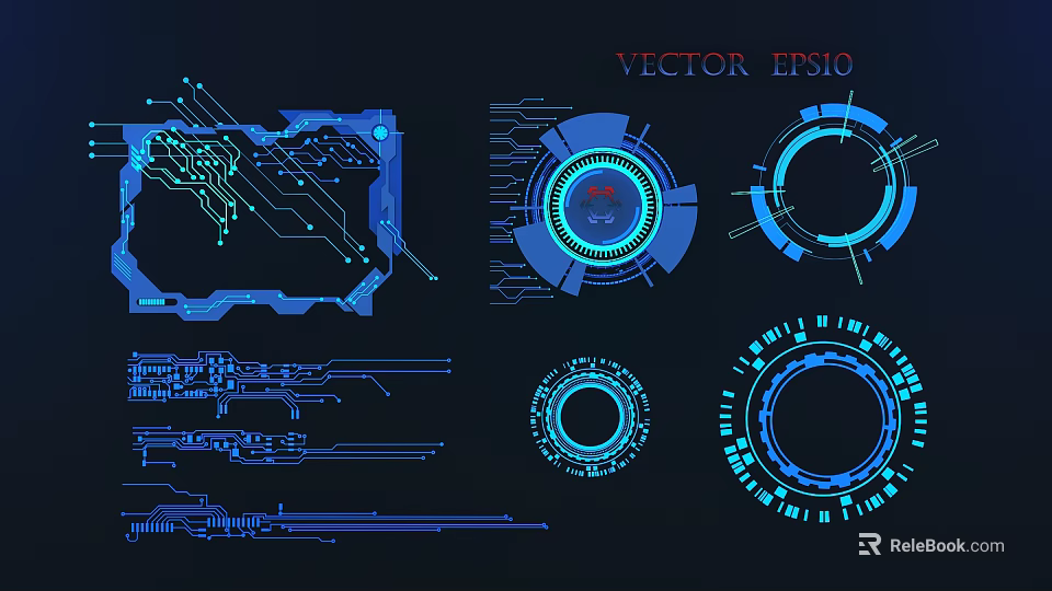 Futuristic Tech Inspired Vector Wall Decor With Blue Circuit And Geometric Elements 3d model