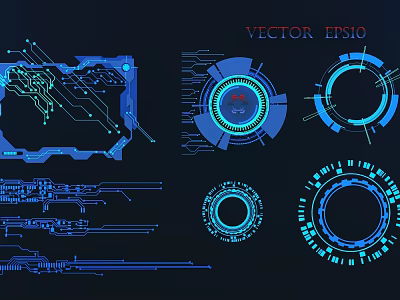 Futuristic Tech Inspired Vector Wall Decor With Blue Circuit And Geometric Elements 3d model