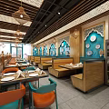 Traditional Restaurant Interior With Blue Decorative Walls Hanging Lights And Wooden Partitions