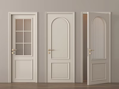 Light Colored Hinged Doors With Grid Glass Arched Top And Vertical Panel Designs 3d model