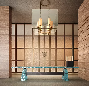 Hotel drop-off area lobby door chandelier wall lamp screen partition door glass door bench stake 3d model