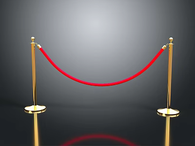 Elegant Barrier Setup With Golden Stanchions Red Velvet Rope And Reflective Base 3d model