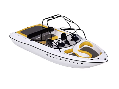 Recreational White And Yellow Yacht With Bimini Top And Comfortable Seats 3d model