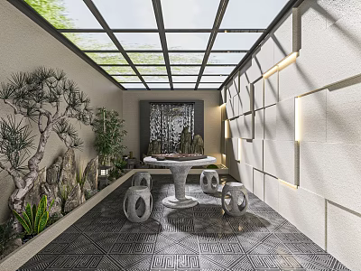 Traditional Chinese Villa Balcony With Rockery Green Plants Stone Table Stools And Glass Ceiling 3d model