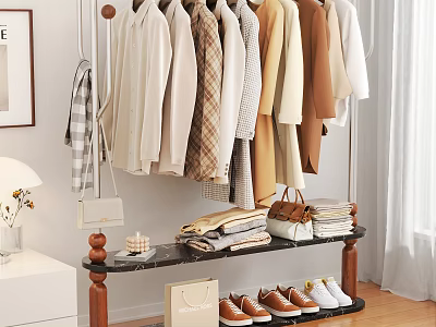 Modern Clothes Rack with Hanging Neutral Tones Apparel Stacked Clothes Handbags and Shoes 3d model