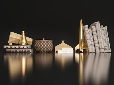 Modern Decorative Ornament Set With Golden Geometric Pieces Stacked Books And Woven Basket 3d model