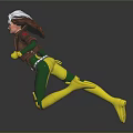 White Haired Female Superhero Character Flying In Yellow Green Costume With Brown Leather Jacket