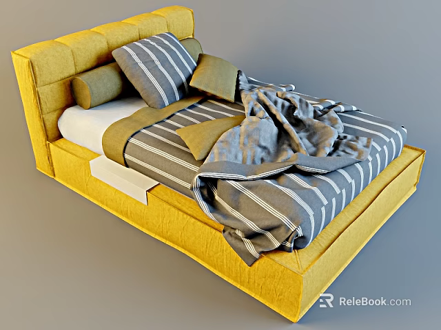 Cozy Single Bed with Yellow Upholstered Frame Striped Sheets and Gray Blanket Pillows 3d model 