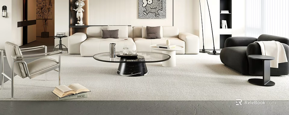 Modern Beige Sofa with Grey Cushions and Glass Top Coffee Table Set Featuring Black Base 3d model 