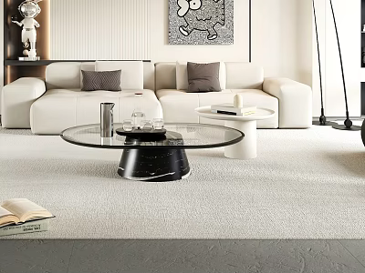 Modern Beige Sofa with Grey Cushions and Glass Top Coffee Table Set Featuring Black Base 3d model