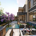 Serene Courtyard Garden With Purple Flowering Tree Circular Archway Pool And Outdoor Seating