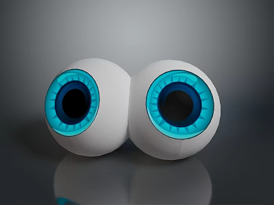 Two White Eyeball Models with Blue Irises and Black Pupils on Reflective Surface 3d model