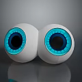 Two White Eyeball Models with Blue Irises and Black Pupils on Reflective Surface 3d model