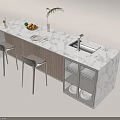 Stylish Bar Counter With Marble Top White Stools Fruits Plant Sink Tableware And Storage Shelves