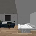 Modern Interior Design Featuring Upholstered Chaise Lounge With Bed And Sofa 3d model