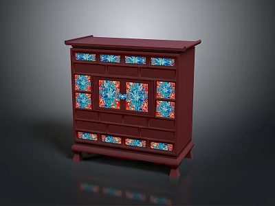 Traditional Red Wooden Cabinet With Colorful Glass Panels Drawers And Decorative Design 3d model