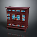 Traditional Red Wooden Cabinet With Colorful Glass Panels Drawers And Decorative Design