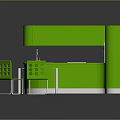 Vibrant Green Kitchen Interior Design With Bar Counter Cabinets And Chairs