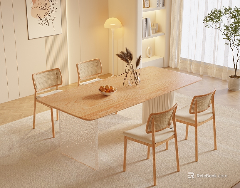 Minimalist Wooden Dining Table Set With Four Upholstered Chairs Vase And Natural Light 3d model 