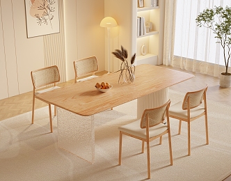 Modern Cream Style Solid Wood Dining Table and Chair Combination Solid Wood Backrest Chair for Four Book Ornaments Vase Potted Carpet 3d model