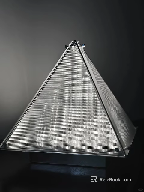 Pyramid Shaped Floor Lamp With Metal Frame And Vertical Striped Translucent Shade Illuminated Glow 3d model 