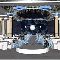 Elegant Banquet Hall Interior With Crystal Chandeliers Blue Floral Decor And White Stage