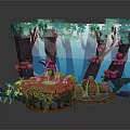Whimsical Forest Scene With Wooden Platform Trees Leaves Crates And Mushrooms
