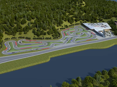 Aerial View Planning of Winding Race Track with Forest Water and Adjacent Building 3d model