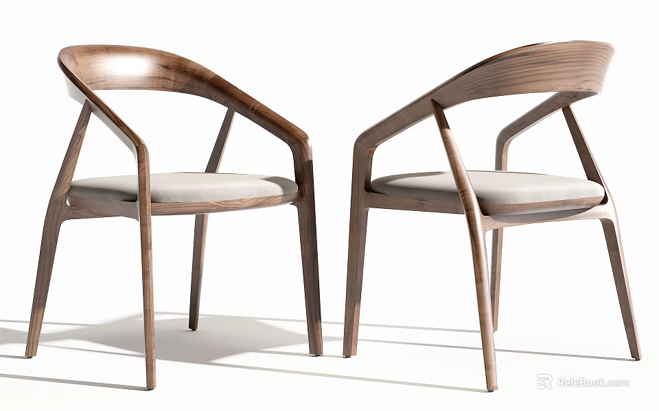 Modern Wooden Leisure Chair With Curved Armrest And Soft Fabric Seat Cushion 3d model 