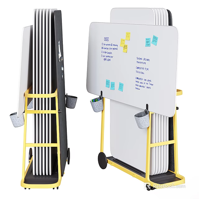 Mobile Whiteboard Stand With Multiple Boards Storage Buckets And Casters 3d model 