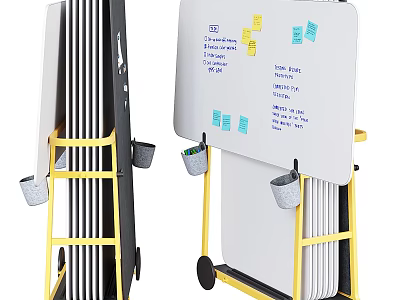 Mobile Whiteboard Stand With Multiple Boards Storage Buckets And Casters 3d model