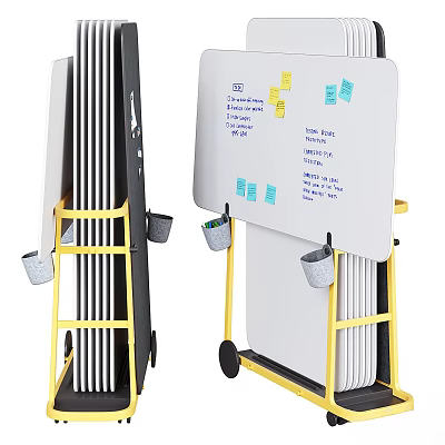 Mobile Whiteboard Stand With Multiple Boards Storage Buckets And Casters 3d model