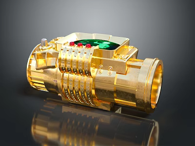 Golden Cylindrical Equipment Featuring Metallic Structure And Green Red Components 3d model