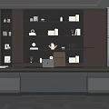 Modern Office Featuring Dark Wooden Bookshelves Desk Computer Chair Floor To Ceiling Windows And Carpet