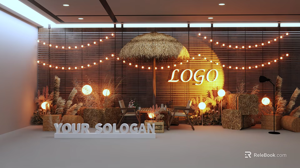 Stylish Photo Check-in Spot Featuring Straw Umbrella String Lights Hay Bales And Glowing Logo 3d model 