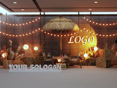 Stylish Photo Check-in Spot Featuring Straw Umbrella String Lights Hay Bales And Glowing Logo 3d model