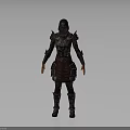 A Woman In Red And Black Full Body Hooded Armor Standing In Gray Background