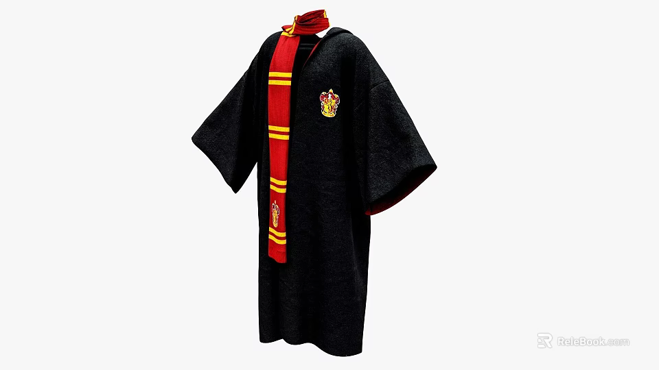 Wizard Style Black Robe Featuring Red And Yellow Stripes And Chest Emblem 3d model 