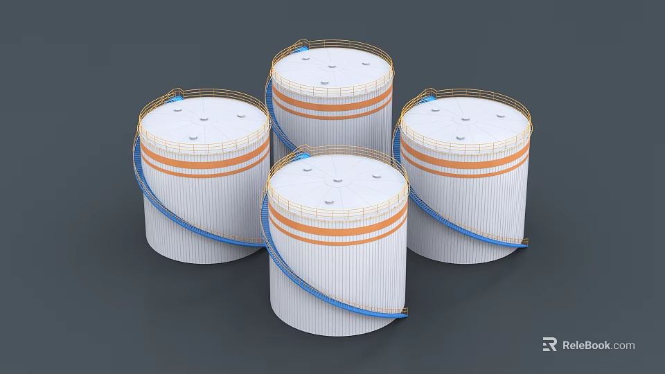 Industrial Equipment Four White Cylindrical Containers With Orange Stripes And Blue Straps 3d model 