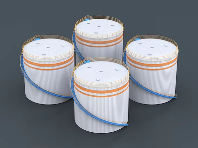 Industrial Equipment Four White Cylindrical Containers With Orange Stripes And Blue Straps 3d model
